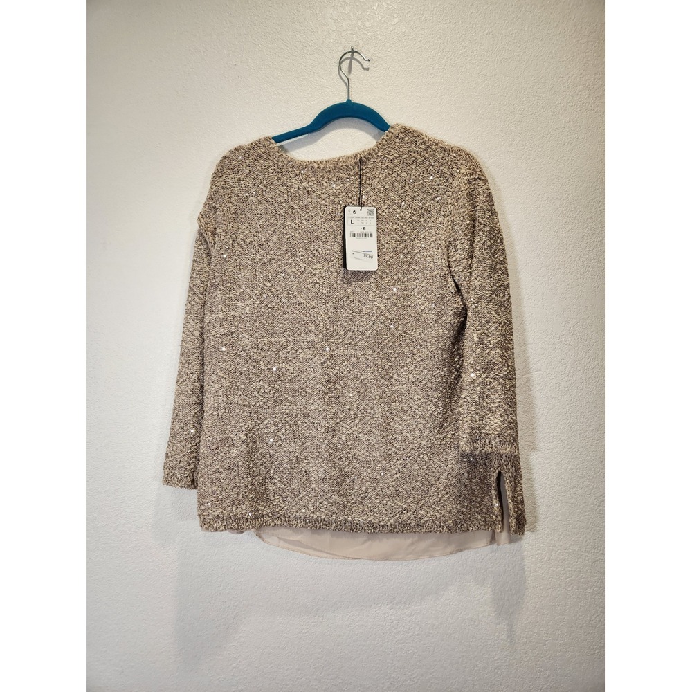 NWT Zara Knit Sequin Boucle Sweater Chiffon Hem Beige Taupe Women's L